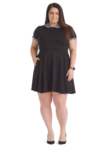 Gingham Contrast Black Fit-And-Flare Dress