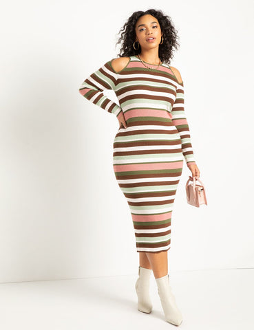 Cold Shoulder Striped Sweater Dress in Stripe