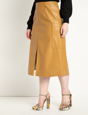A-Line Faux Leather Midi Skirt in Dijon