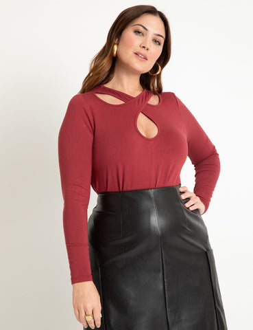Crossover Cut Out Neckline Top in Burnt Russet
