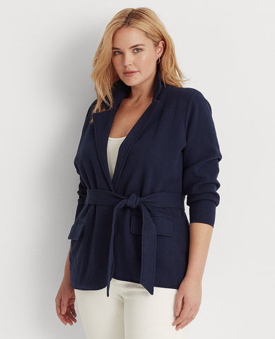 Woman Belted Combed Cotton-Blend Blazer In Navy
