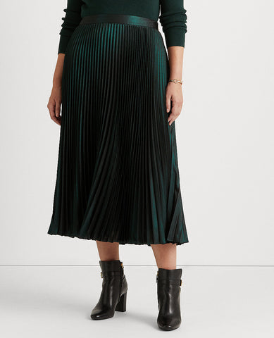 Woman Pleated Metallic Lamé Skirt In Dark Green