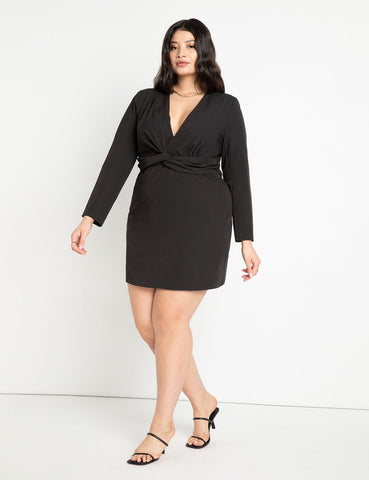Twist Front Long Sleeve Dress in Totally Black