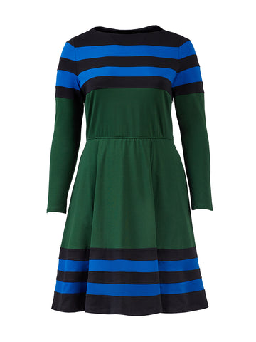 Banded Stripe Color Block Fit-And-Flare Dress