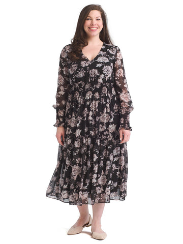 Black Blush Floral Smocking Detail Dress