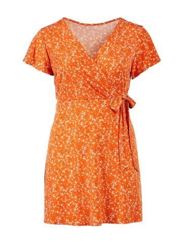 Ditsy Floral Orange Faux-Wrap Dress