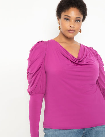 Cowl Neck Top with Draped Sleeve in Cardinal Pink