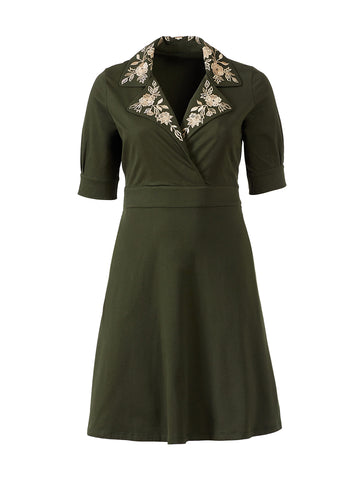 Embroidered Collar Loden Green Dress