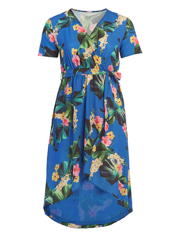 Blue Tropical Print Faux Wrap Dress