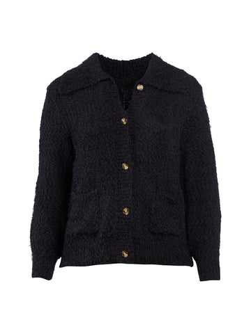 Fuzzy Button Up Collared Cardigan
