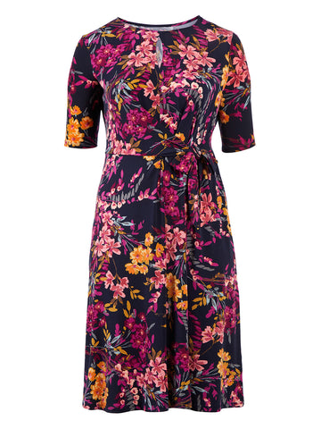 Abstract Floral Print Side Tie Fit-And-Flare Dress