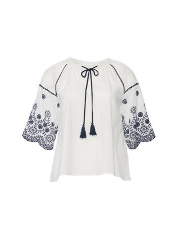 Embroidered Tie Front White Top
