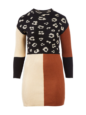 Leopard Print Color Block Sweater Dress