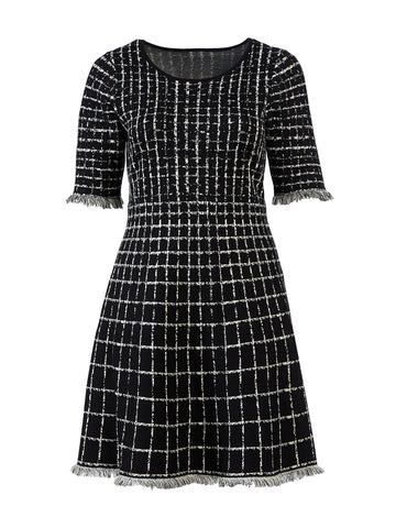 Black Plaid Fit-And-Flare Sweater Dress