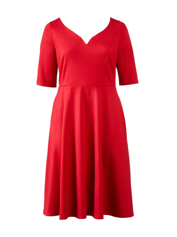 Three Quarter Sleeve Red Fit-And-Flare Midi Dress