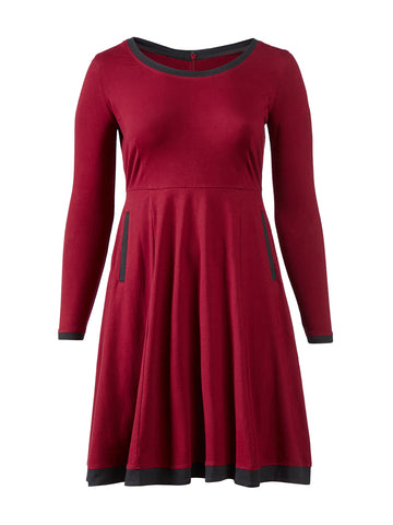 Contrast Trim Burgundy Fit-And-Flare Dress