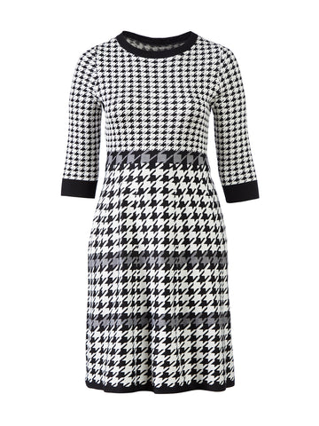 Houndstooth Tiered Fit-And-Flare Sweater Dress