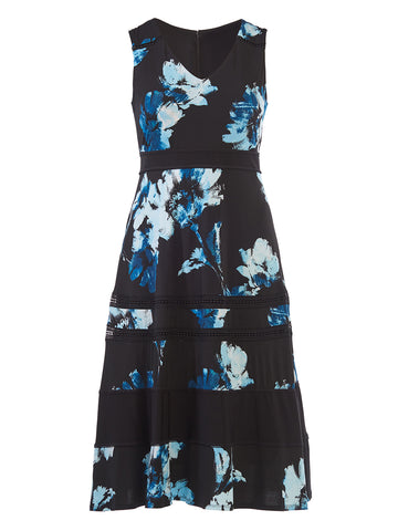Black Printed Floral With Banded Detail Midi Dress