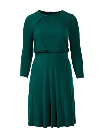 Jewel Neck Blouson Emerald Midi Dress