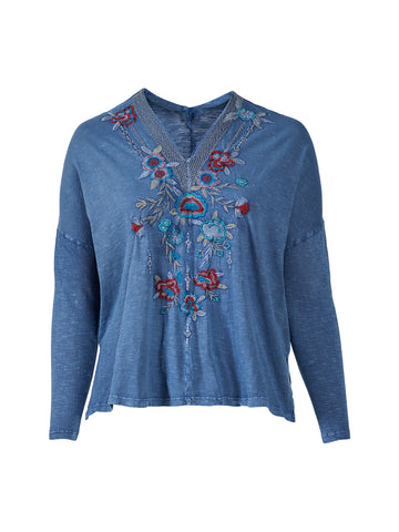 Faded Blue Long Sleeve Embroidered Top