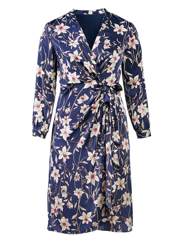 Navy Floral Fit-And-Flare Wrap Dress