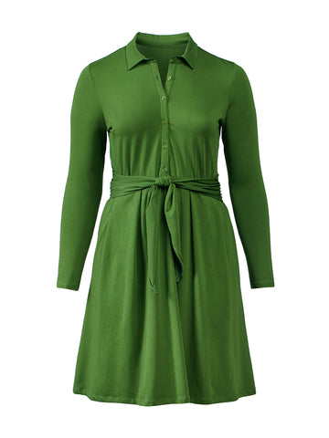 Tie Waist Collared Green Fit-And-Flare Dress
