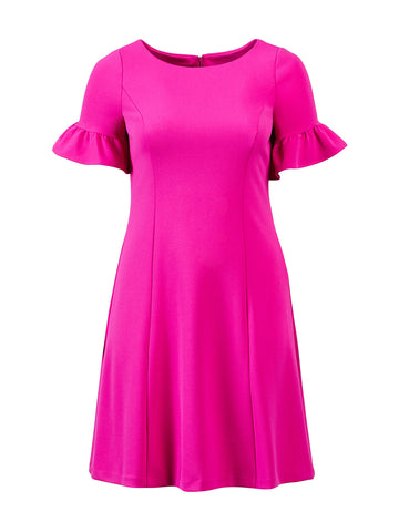 Pink Flutter Sleeve Fit-And-Flare Dress