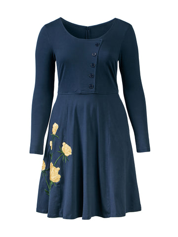 Floral Embroidery Front Button Fit-And-Flare Dress
