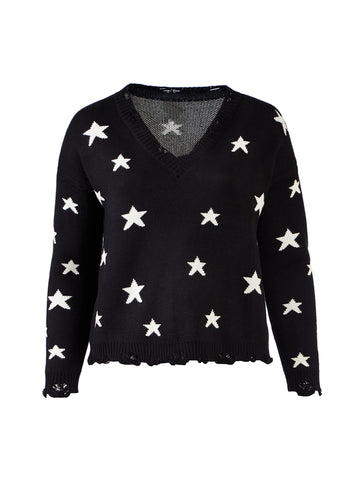 Star Print Black V-Neck Sweater