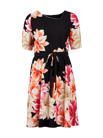 Black Floral Elbow Sleeve Fit-And-Flare Dress