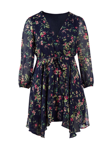 Navy Floral Handkerchief Hem Fit-And-Flare Dress