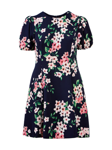 Puff Sleeve Navy Floral Fit-And-Flare Dress
