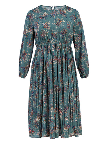 Floral Long Sleeve Pleated Dress