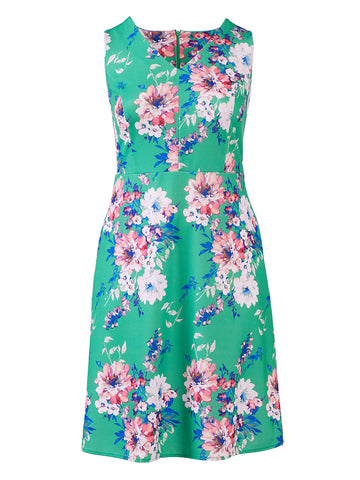 High V-Neck Green Floral Fit-And-Flare Dress