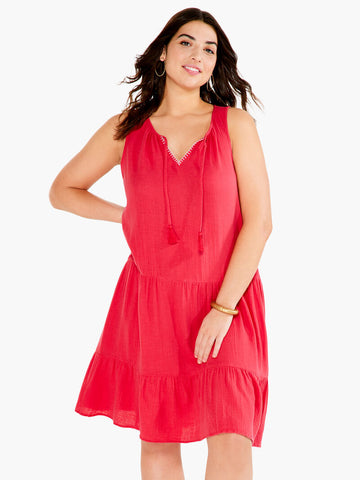 Double Gauze Tiered Dress In Cosmo Red