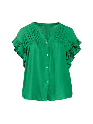 Ruched Detail Kelly Green Button Down Top