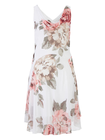 Cowl Neck Floral Fit-And-Flare Dress