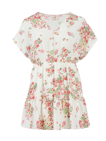 Ivory Floral Tiered Fit-And-Flare Dress