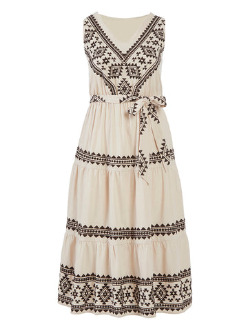Sleeveless Beige Embroidered Maxi Dress