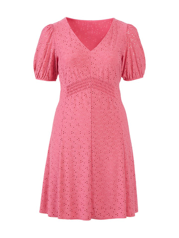 Puff Sleeve Eyelet Pink Fit-And-Flare Dress