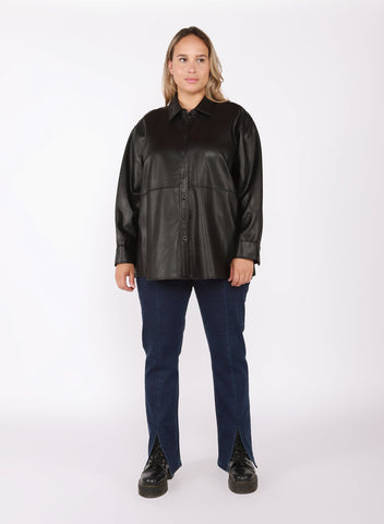 Faux Leather Overshirt in Black