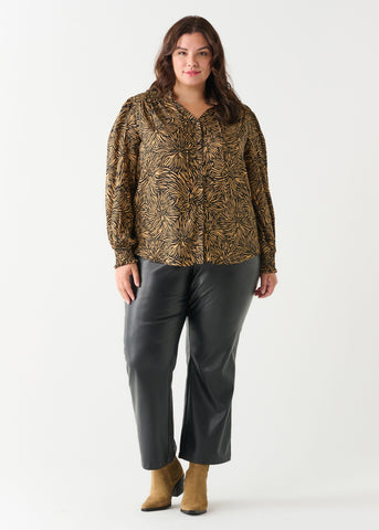 Ruffle detail, tie-front peasant blouse in Black/ Taupe Tawny Floral