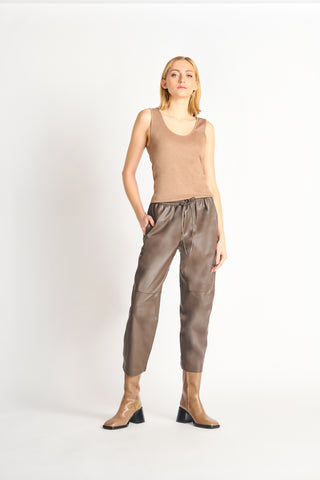 Faux Leather Jogger in Olive Brown