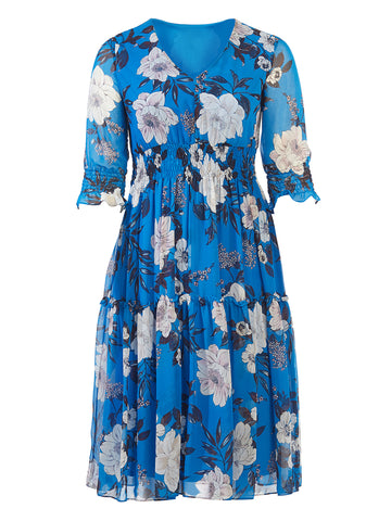 Cobalt Floral Printed Smocked Detail Midi Dress