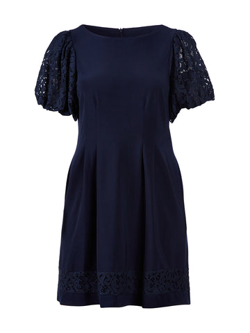 Balloon Sleeve Navy Fit-And-Flare Dress