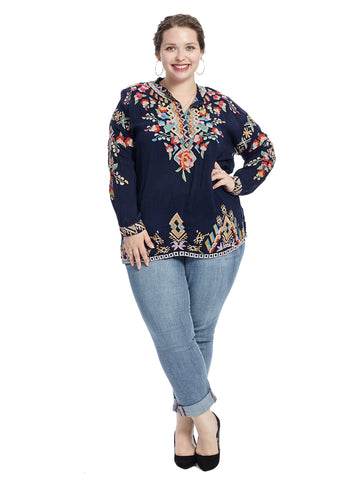 Long Sleeve Floral Embroidered Blue Top