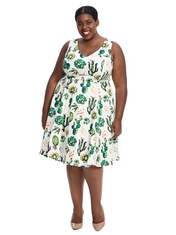 V-Neck Succulent Print Fit And Flare Dress
