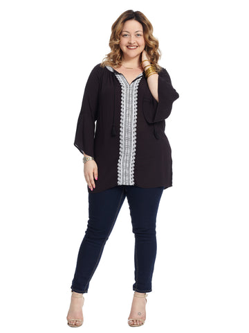 Flare Sleeve Embroidered Black Tunic