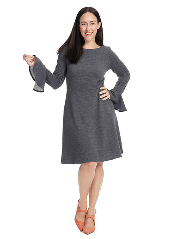 Textured Fit & Flare Dress With Bell Sleeves