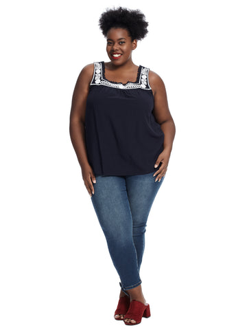 Forever Navy Square Neck Embroidered Shell Top